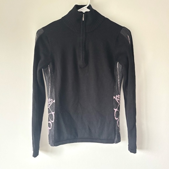 SmartWool 1/4 Zip Pullover Black with Pink Swirls 100% Merino Wool Outdoor - Picture 1 of 9